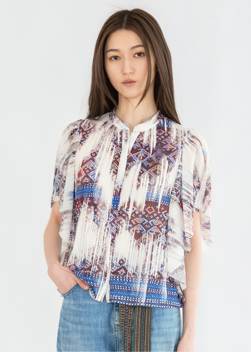 WASHED OUT LI BROCADE PRINT RUFFLED BLOUSE